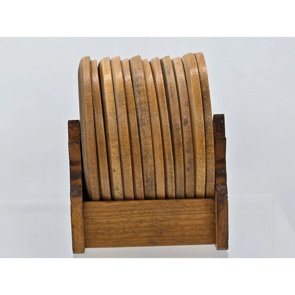Vtg 12 Coaster Set with Holder Occupied Japan‎ Wood With Carved Flower Bud